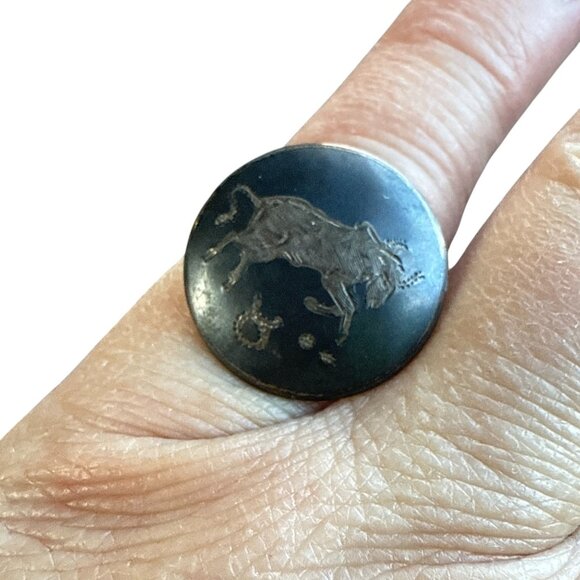 Vintage Taurus Sterling Zodiac Sign Ring Black Brass Engraved Bull Astrology Jew - Picture 2 of 13